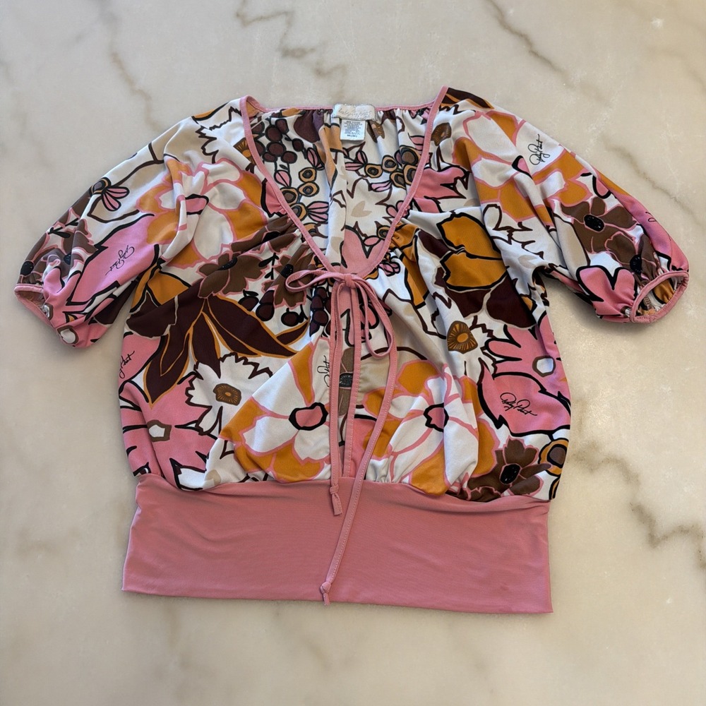 Baby Phat Y2K Floral V-neck Short Sleeve Peasant shirt/top/Blouse Size M